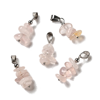Natural Rose Quartz Chip Pendants, Lucky Charms with Stainless Steel Color Plated Stainless Steel Snap on Bails, 24~27x11~14x7~10mm, Hole: 7x4mm