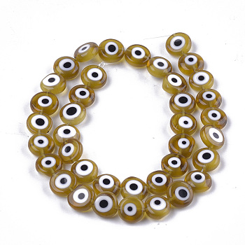Handmade Evil Eye Lampwork Beads Strands, Flat Round, Dark Khaki, 9.5x3.5mm, Hole: 1.2mm, about 38pcs/strand, 14.1 inch~14.5 inch.