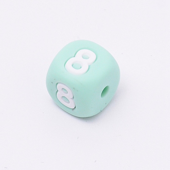 Silicone Beads, for Bracelet or Necklace Making, Arabic Numerals Style, Aquamarine Cube, Num.8, 10x10x10mm, Hole: 2mm