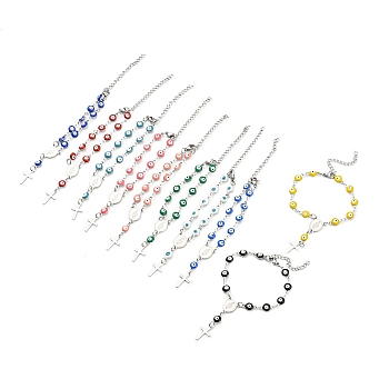 201 Stainless Steel Cross Charm Bracelet, Enamel Evil Eye Rosary Beaded Religion Theme Bracelet for Women, Mixed Color, 6-1/8 inch(15.7cm)
