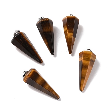 Natural Tiger Eye Pendants, with Platinum Plated Brass Findings, Faceted, Cone, 35~36x13~14x12~12.5mm, Hole: 2.7x6.5mm