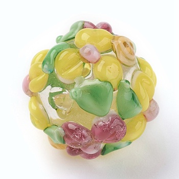 Handmade Lampwork Beads, Rondelle with Flower, Bumpy, Yellow, 14~15x12~13mm, Hole: 1.5~1.8mm