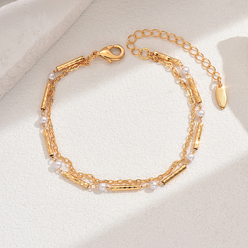 Fashionable Real 18K Gold Plated Brass Glass Double Layers Anklets for Women's Beachwear, White, 8-1/8 inch(20.5cm)