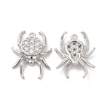 Brass & Cubic Zirconia Pendants, Spider Charm, Real Platinum Plated, 20.5x16x3mm, Hole: 1.2mm