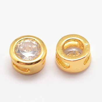 Brass Micro Pave Cubic Zirconia Beads, Flat Round, Lead Free & Nickel Free & Cadmium Free, Clear, Real 18K Gold Plated, 5.5x4mm, Hole: 1.5x2mm