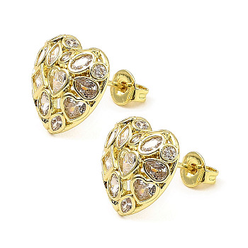 Brass with Cubic Zirconia Stud Earrings, Long-Lasting Plated, Lead Free & Cadmium Free, Heart, Real 18K Gold Plated, 12x12.5mm