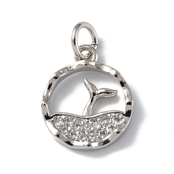 Brass Micro Pave Cubic Zirconia Charms, with Jump Ring, Round Ring & Sea & Whale Tail Charms, Platinum, 13.5x11.5x2mm, Hole: 3mm