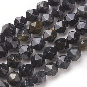 Natural Petrified Wood Beads Strands, Star Cut Round Beads, Faceted, Black, 7~8mm, Hole: 1mm, about 47~48pcs/strand, 14.5 inch~15 inch(37~38cm)