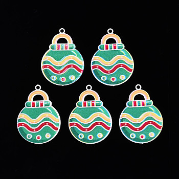 Spray Painted Brass Pendants, with Printed, for Christmas, Bulb, Sea Green, 33x23x0.4mm, Hole: 1.8mm