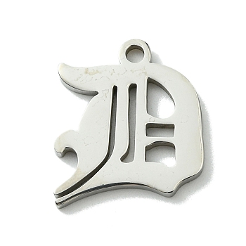 201 Stainless Steel Pendants, Stainless Steel Color, Old Initial Letters Charms, Letter D, 17.5x16x1.6mm, Hole: 1.8mm