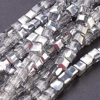 Electroplate Glass Beads Strands, Half Plated, Faceted Cube, Silver, 4x4x4mm, Hole: 1mm, about 100pcs/strand, 16.9 inch