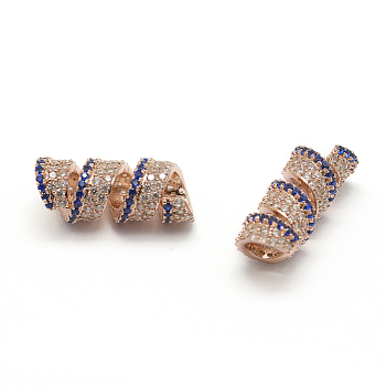 Brass Micro Pave Grade AAA Cubic Zirconia Tube Beads, Cadmium Free & Nickel Free & Lead Free, Large Hole Beads, Twist, Real Rose Gold Plated, 8x20mm, Hole: 4.5mm