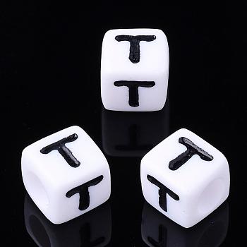 Acrylic Horizontal Hole Letter Beads, Cube, Letter T, White, Size: about 7mm wide, 7mm long, 7mm high, hole: 3.5mm, about 2000pcs/500g