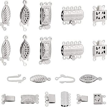 48 Sets 6 Styles 304 Stainless Steel Box Clasps, Multi-Strand Clasps, Mixed Shapes, Stainless Steel Color, 10.5~21x7~20x3~5mm, Hole: 1~1.4mm, 8 sets/style