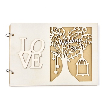 Wooden Wedding Guestbooks Notepad, for Wedding Decoration, Rectangle with Hollow Tree and Cage, Word Love, Floral White, 20x28x1cm, about 20sheet/pc