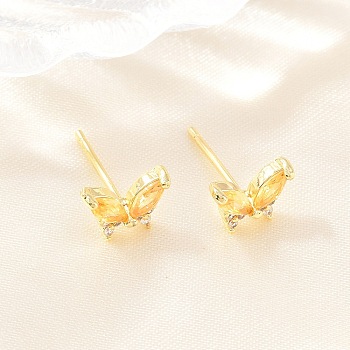 Brass Micro Pave Cubic Zirconia Stud Earrings for Women, Butterfly, Cadmium Free & Lead Free, Long-Lasting Plated, Rack Plating, Real 18K Gold Plated, Gold, 7x9mm
