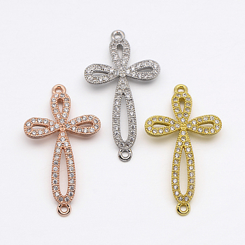 CZ Brass Micro Pave Grade AAA Cubic Zirconia Cross Links, Cadmium Free & Nickel Free & Lead Free, Mixed Color, 28x16x2mm, Hole: 1mm
