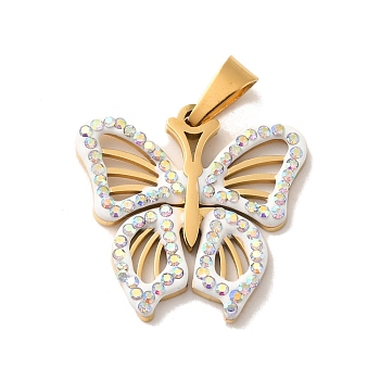 Ion Plating(IP) 304 Stainless Steel Rhinestone Pendants, Hollow Butterfly Charms, Golden, 19.5x20x2mm, Hole: 6x3mm