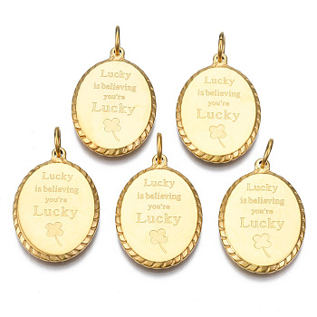 316 Surgical Stainless Steel Pendants, with Jump Rings, Oval with Word, Real 14K Gold Plated, 26x19x2.5mm, Hole: 5mm, Jump Ring: 7x1mm, 5mm inner diameter