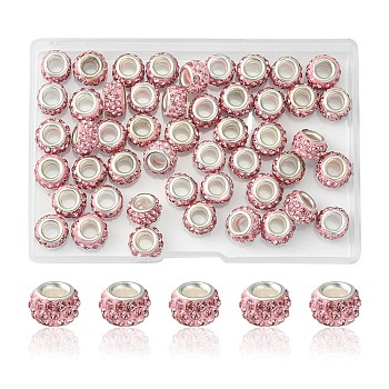 50Pcs Polymer Clay Rhinestone European Large Hole Beads, with Silver Color Plated Brass Cores, Rondelle, Light Rose, 11~12x7~7.5mm, Hole: 5mm