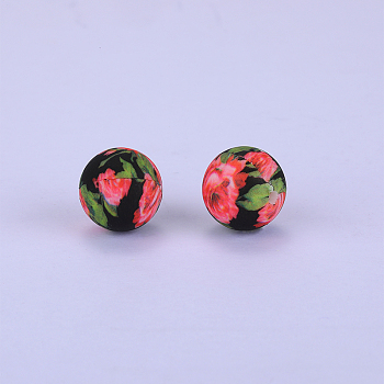 Printed Round with Flower Pattern Silicone Focal Beads, Black, 15x15mm, Hole: 2mm