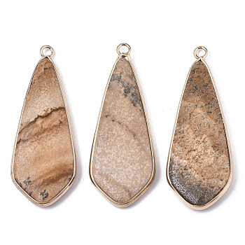 Natural Picasso Jasper Pendants, with Light Gold Plated Brass Edge and Loop, Teardrop, 49x18x4.5mm, Hole: 2.5mm