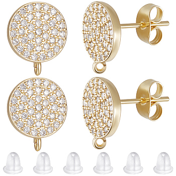 4 Pairs Brass Micro Pave Cubic Zirconia Flat Round Stud Earring Findings, with Vertical Loops & 8Pcs 304 Stainless Steel Friction Ear Nuts, Golden, 11.5x9.5x2mm, Hole: 1mm, Pin: 0.7mm