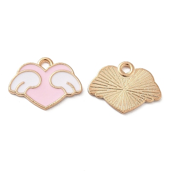 Alloy Enamel Pendants, Light Gold, Heart with Wing Charm, Pink, 13x17.5x1mm, Hole: 1.6mm