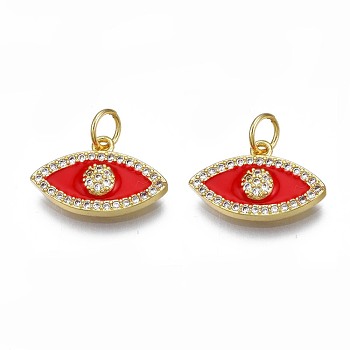 Brass Micro Pave Clear Cubic Zirconia Pendants, with Enamel and Jump Rings, Nickel Free, Real 18K Gold Plated, Eye, Red, 10x16x3mm, Hole: 3mm, Jump Ring: 5x1mm, 3mm inner diameter