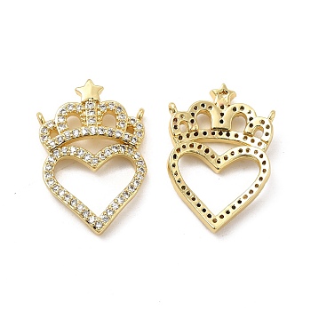 Brass Micro Pave Clear Cubic Zirconia Connector Charms, Heart Links with Crown, Real 18K Gold Plated, 23.5x16x3.5mm, Hole: 0.9mm