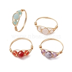 4Pcs Round Natural Rose Quartz & Amethyst & Fluorite & Carnelian & Amazonite & Red Agate Finger Ring, Copper Wire Wrapped Ring for Women, Inner Diameter: 18mm(RJEW-JR00756-S)