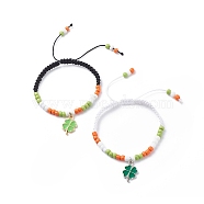 2Pcs 2 Color Alloy Enamel Clover Charm Bracelets Set, Glass Braided Bead Bracelets for Women, Mixed Color, Inner Diameter: 2-1/8~3-1/8 inch(5.3~7.8cm), 1Pc/color(BJEW-JB08795)