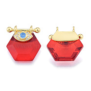 Brass Micro Pave Clear Cubic Zirconia Pendants, with Glass, Nickel Free, Real 18K Gold Plated, Hexagon with Eye, Red, 24x22.5x9mm, Hole: 1.8mm(KK-N227-106B)