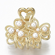Alloy Claw Hair Clips, with ABS Plastic Imitation Pearl, Long-Lasting Plated, Textured, Flower with Heart, Light Gold, White, 27x35x30mm(X-PHAR-N004-016)