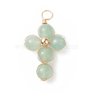 Natural Green Aventurine Copper Wire Wrapped Pendants, Religion Cross Charms, with Brass Beads, Light Gold, 29.5~30x16.5~17x6.5~7mm, Hole: 3.5~4mm(PALLOY-JF01981-03)