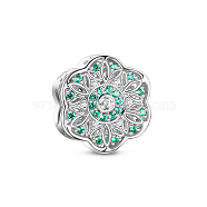 TINYSAND 925 Sterling Silver Glittering Flower Shaped Charm Cubic Zirconia European Beads, Light Sea Green, 13.65x12.5x8.73mm, Hole: 4.57mm(TS-C-180)