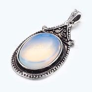 Opalite Big Pendants, with Alloy Findings, Antique Silver Color, Oval, White, Size: about 29mm wide, 56mm long, 11mm thick, hole: 4mm wide, 6mm long(G-Q133-2)