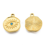 304 Stainless Steel Pendants, with Sapphire Rhinestone, Nuggets with Eye, Real 18K Gold Plated, 19x16x2.5mm, Hole: 1.2mm(STAS-N098-158LG)