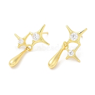 Rack Plating Brass Pave Cubic Zirconia Star with Teardrop Dangle Stud Earrings for Women, Long-Lasting Plated, Lead Free & Cadmium Free, Real 18K Gold Plated, 30x19mm(EJEW-D059-25G)