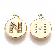 Brass Cubic Zirconia Charms, Flat Round with Letter, Real 18K Gold Plated, Clear, Letter.N, 12x10x2mm, Hole: 1mm(X-KK-T038-194G-N)