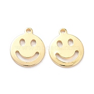 Brass Pendants, Long-Lasting Plated, Flat Round with Smiling Face, Real 14K Gold Plated, 13x11x1mm, Hole: 1.2mm(X-KK-K250-10LG)