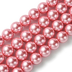 Eco-Friendly Glass Pearl Beads Strands, Grade A, Round, Dyed, Cotton Cord Threaded, Pearl Pink, 12mm, Hole: 1.2~1.5mm, about 34pcs/strand, 15.7 inch(HY-A008-12mm-RB109)