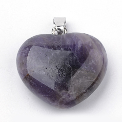 Natural Amethyst Pendants, with Alloy Findings, Heart, Platinum, 27~29x28x11mm, Hole: 3.5x5mm(X-G-S219-18D)