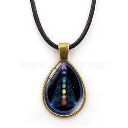 Yoga Theme Alloy Teardrop Pendant Necklace with Wax Rope for Women, Prussian Blue, 16.93 inch(43cm)(CHAK-PW0001-007E)