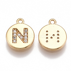 Brass Cubic Zirconia Charms, Flat Round with Letter, Real 18K Gold Plated, Clear, Letter.N, 12x10x2mm, Hole: 1mm(X-KK-T038-194G-N)