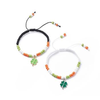 2Pcs 2 Color Alloy Enamel Clover Charm Bracelets Set, Glass Braided Bead Bracelets for Women, Mixed Color, Inner Diameter: 2-1/8~3-1/8 inch(5.3~7.8cm), 1Pc/color
