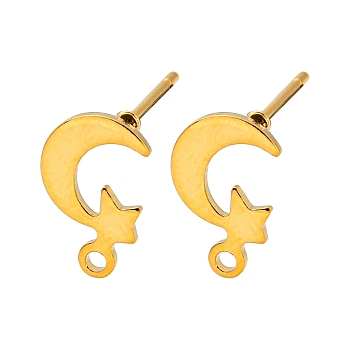 Moon & Star Shape 201 Stainless Steel Stud Earrings Findings, with 304 Stainless Steel Pins &  Horizontal Loops, Golden, 11x7mm, Hole: 1.2mm, Pin: 0.7mm.