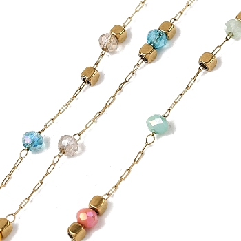 Handmade 304 Stainless Steel Cable Chains, Rondelle, with Glass, Ion Plating(IP), Real 18K Gold Plated, Soldered, with Spool, Colorful, 2x0.7x0.3mm, about 32.81 Feet(10m)/Roll
