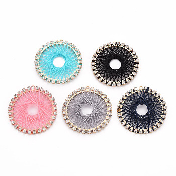 Brass Rhinestone Pendants, with Polyester Thread, Flat Round, Light Gold, Crystal, Mixed Color, 31x30x2mm, Hole: 1.5mm