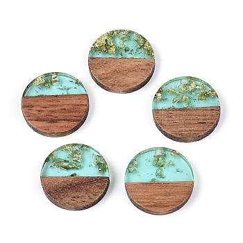 Resin & Walnut Wood Pendants, Flat Round, Gold Foil, Pale Turquoise, 18x3~3.5mm, Hole: 2mm